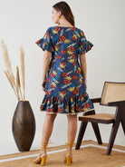 The Kaftan Company Dresses Blue Floral Printed Denim Dress with Frilled Hem