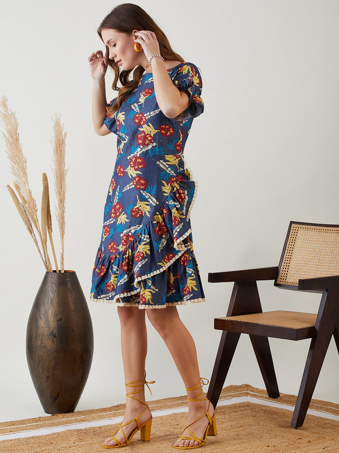 The Kaftan Company Dresses Blue Floral Printed Denim Dress with Frilled Hem