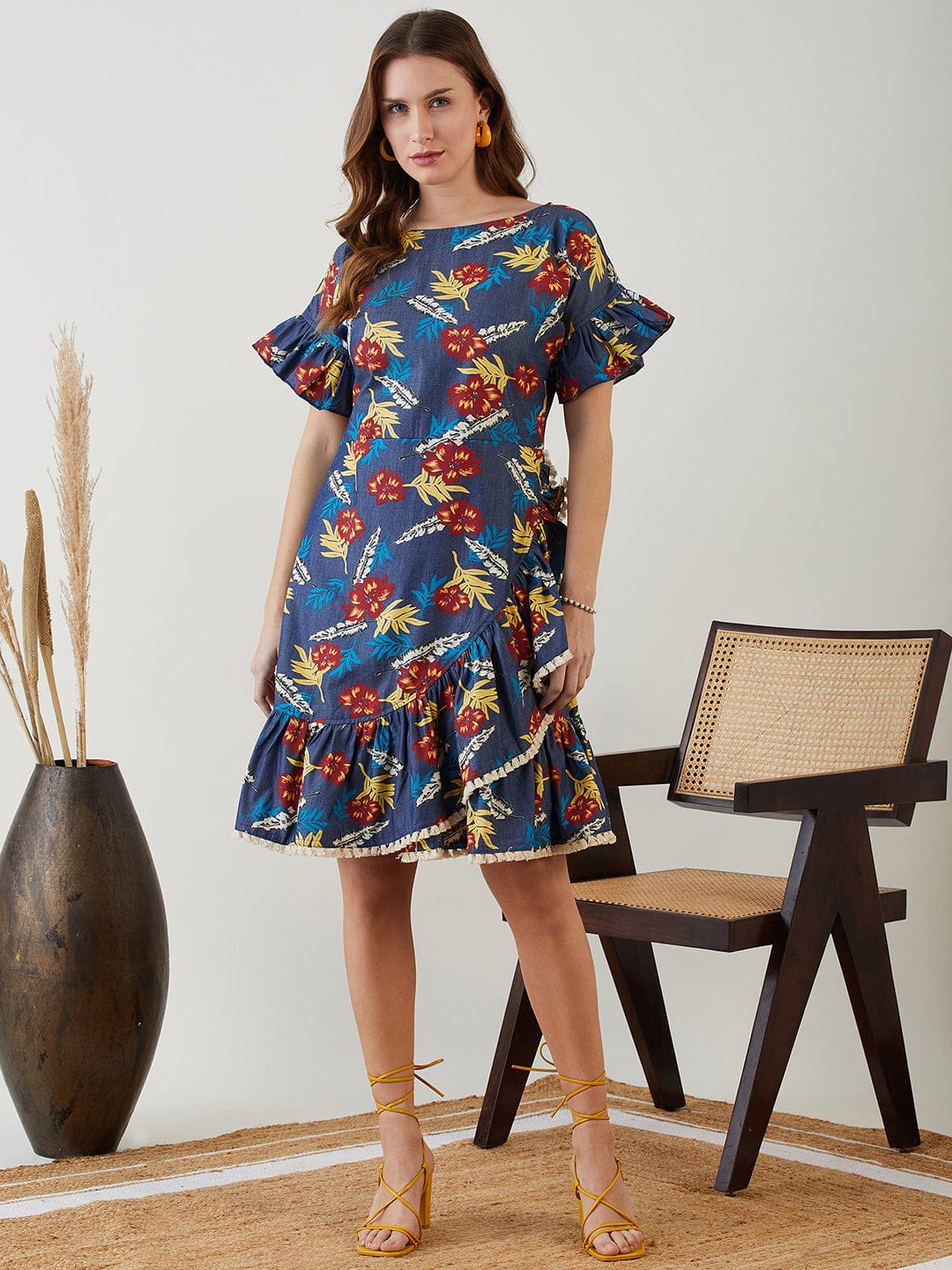 The Kaftan Company Dresses Blue Floral Printed Denim Dress with Frilled Hem