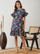 The Kaftan Company Dresses Blue Floral Printed Denim Dress with Frilled Hem