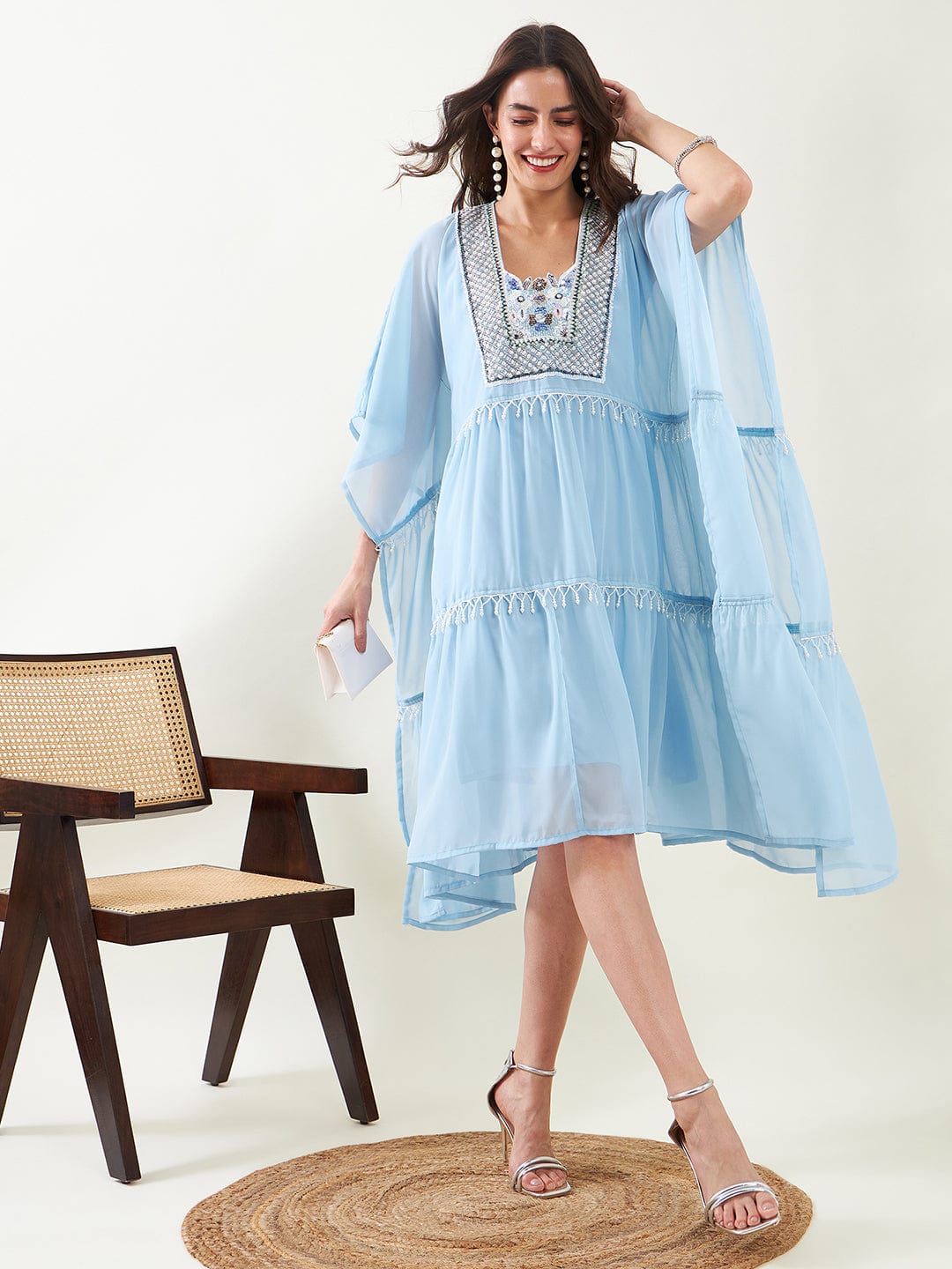 The Kaftan Company Dresses Blue Hand Embroidered Layered Party Dress with Slip