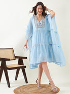 The Kaftan Company Dresses Blue Hand Embroidered Layered Party Dress with Slip