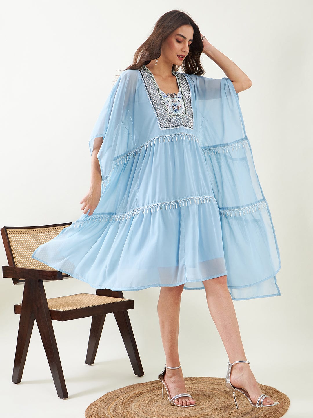 The Kaftan Company Dresses Blue Hand Embroidered Layered Party Dress with Slip