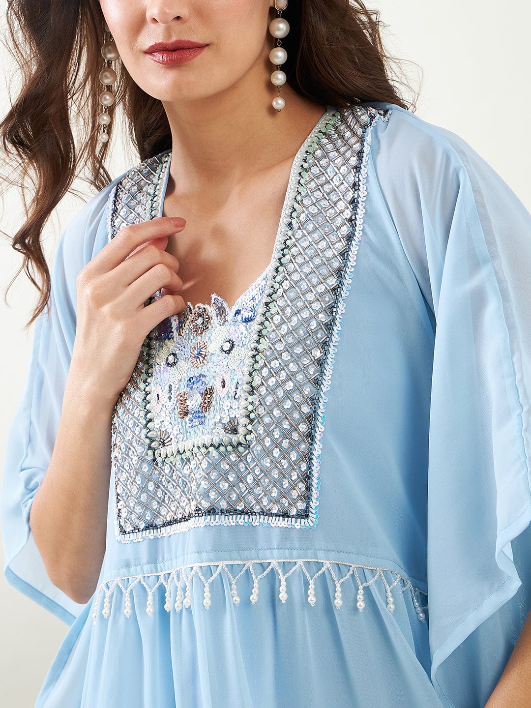 The Kaftan Company Dresses Blue Hand Embroidered Layered Party Dress with Slip