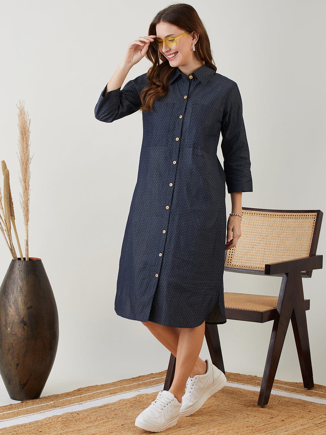 The Kaftan Company Dresses Blue Polka Dot Denim Shirt Dress