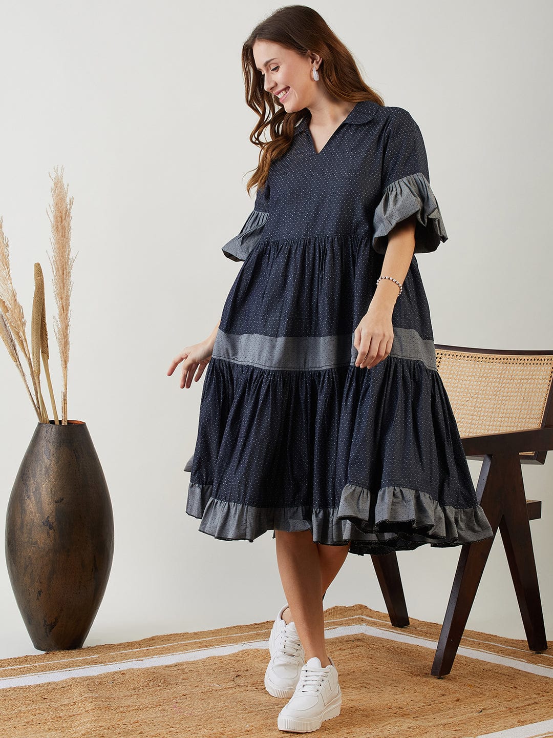 The Kaftan Company Dresses Blue Polka Dot Layered Chic Denim Dress
