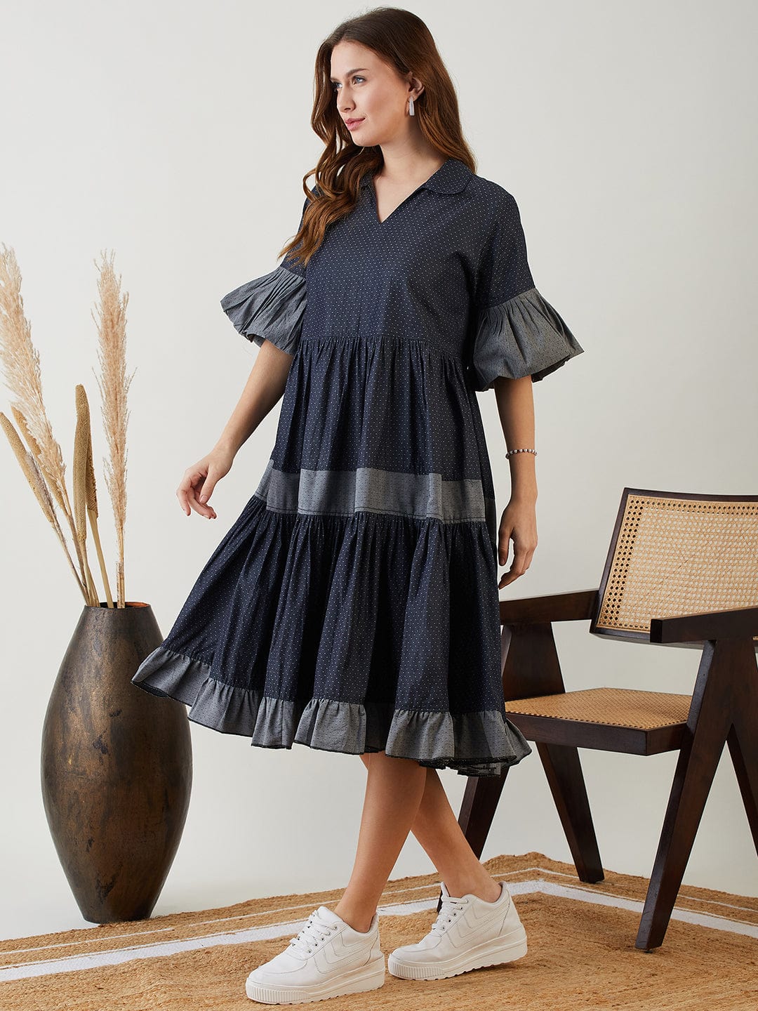 The Kaftan Company Dresses Blue Polka Dot Layered Chic Denim Dress
