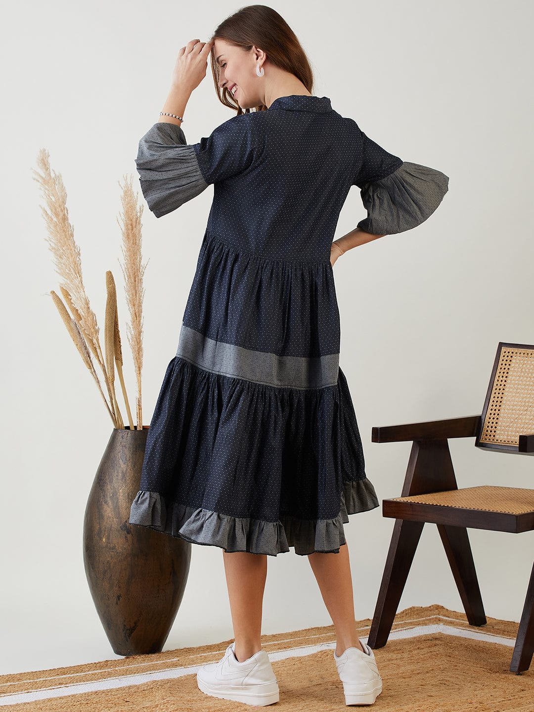 The Kaftan Company Dresses Blue Polka Dot Layered Chic Denim Dress