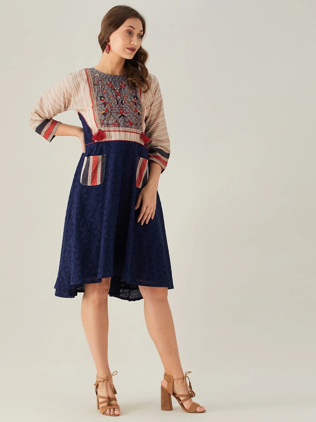 The Kaftan Company Dresses Blue Schiffli Dress with Embroidered Floral Yoke (Final Sale)