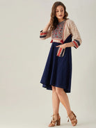 The Kaftan Company Dresses Blue Schiffli Dress with Embroidered Floral Yoke (Final Sale)