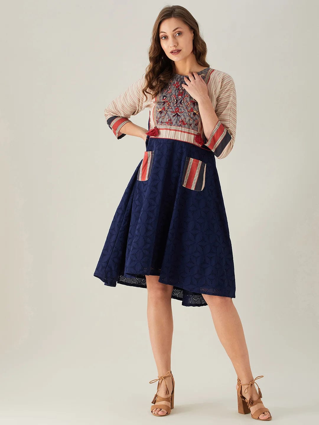 The Kaftan Company Dresses Blue Schiffli Dress with Embroidered Floral Yoke (Final Sale)