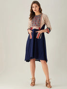 The Kaftan Company Dresses Blue Schiffli Dress with Embroidered Floral Yoke (Final Sale)
