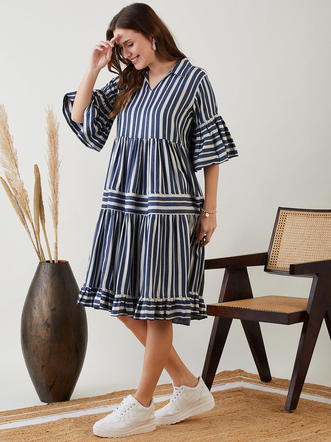 Blue Striped Layered Chic Denim Dress S