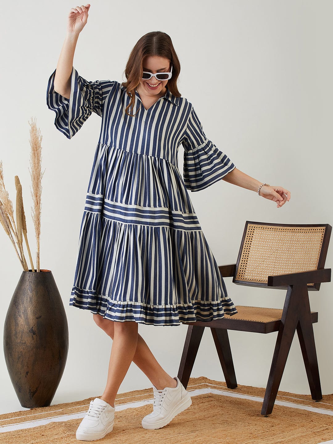 Blue Striped Layered Chic Denim Dress S