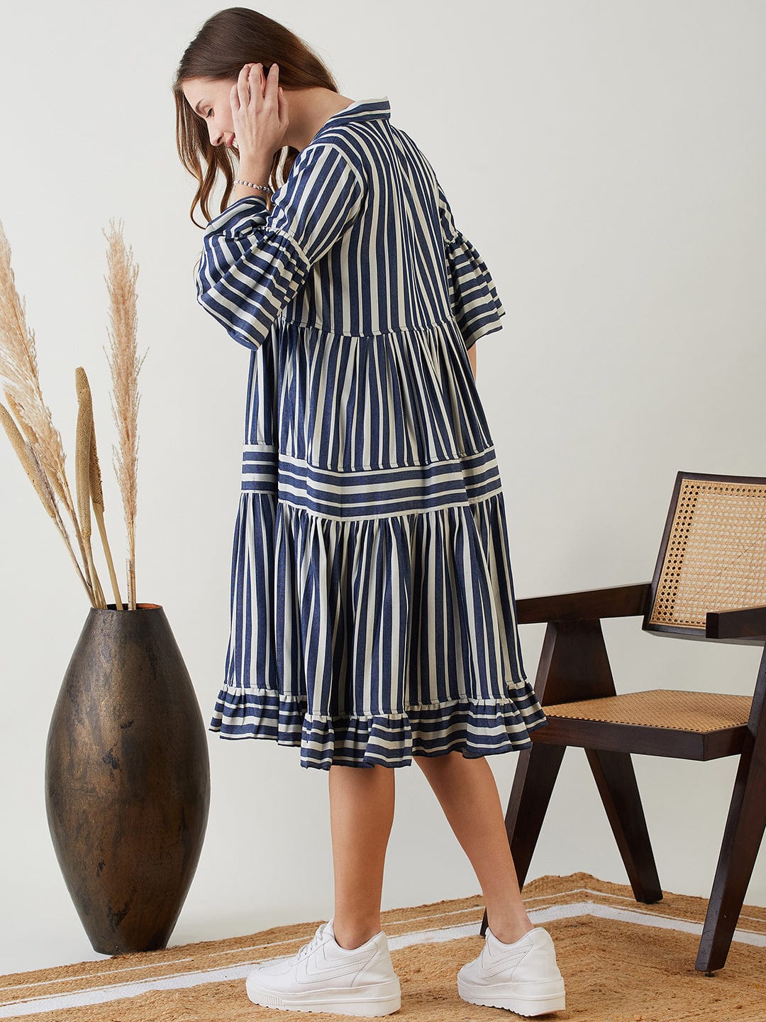 Denim V Neck Knee Length One Piece Dress The Kaftan Company