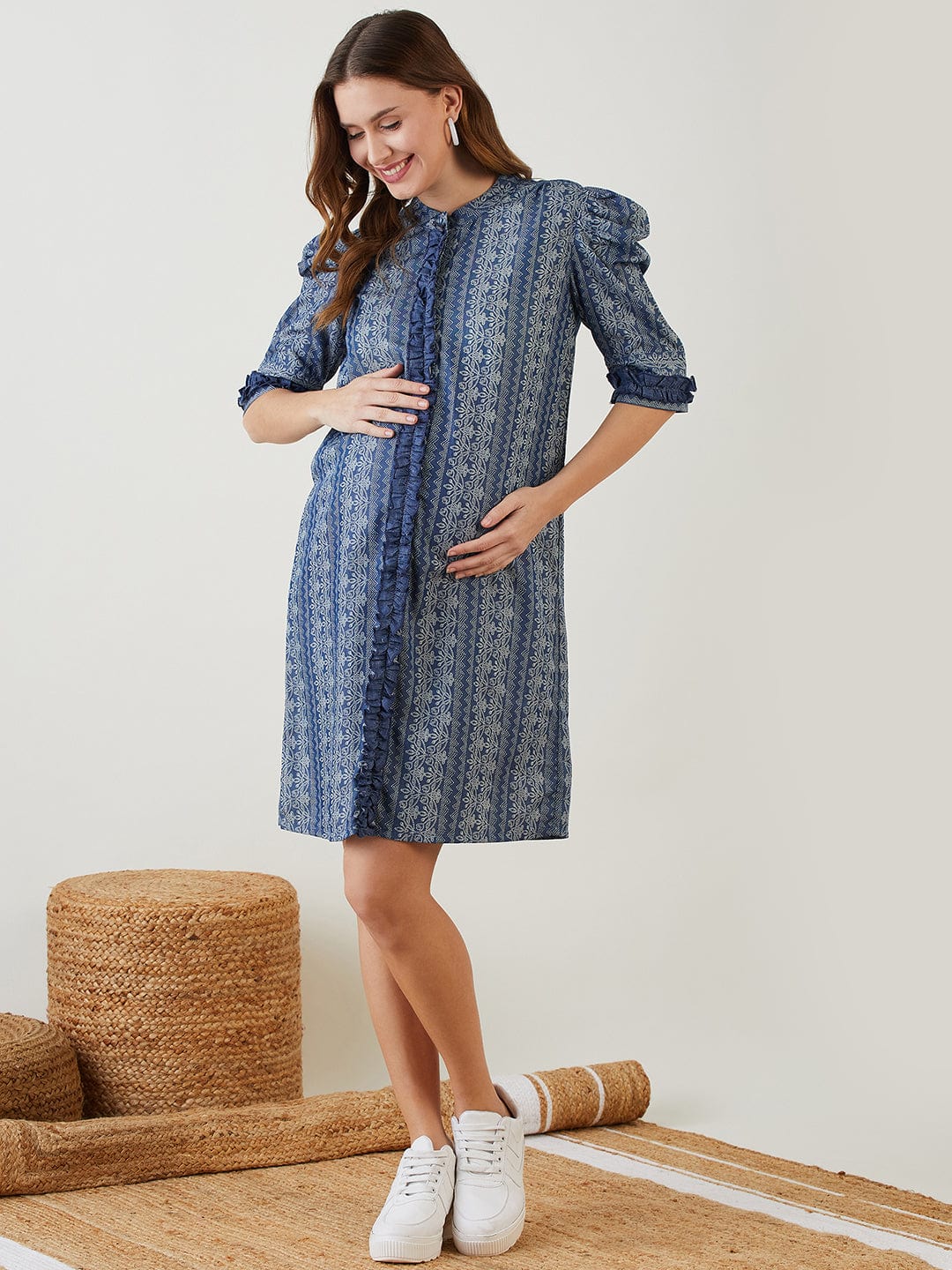 The Kaftan Company Dresses Blue Tribal Print Ruffled Nursing Dress