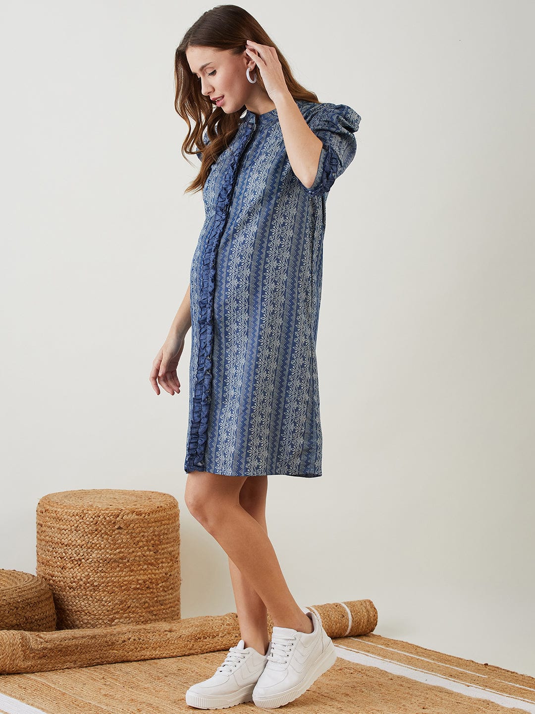 The Kaftan Company Dresses Blue Tribal Print Ruffled Nursing Dress