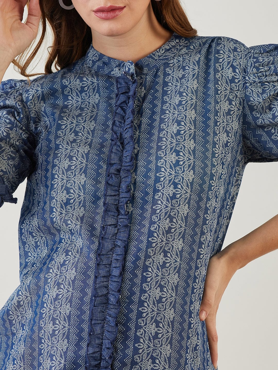 The Kaftan Company Dresses Blue Tribal Print Ruffled Nursing Dress