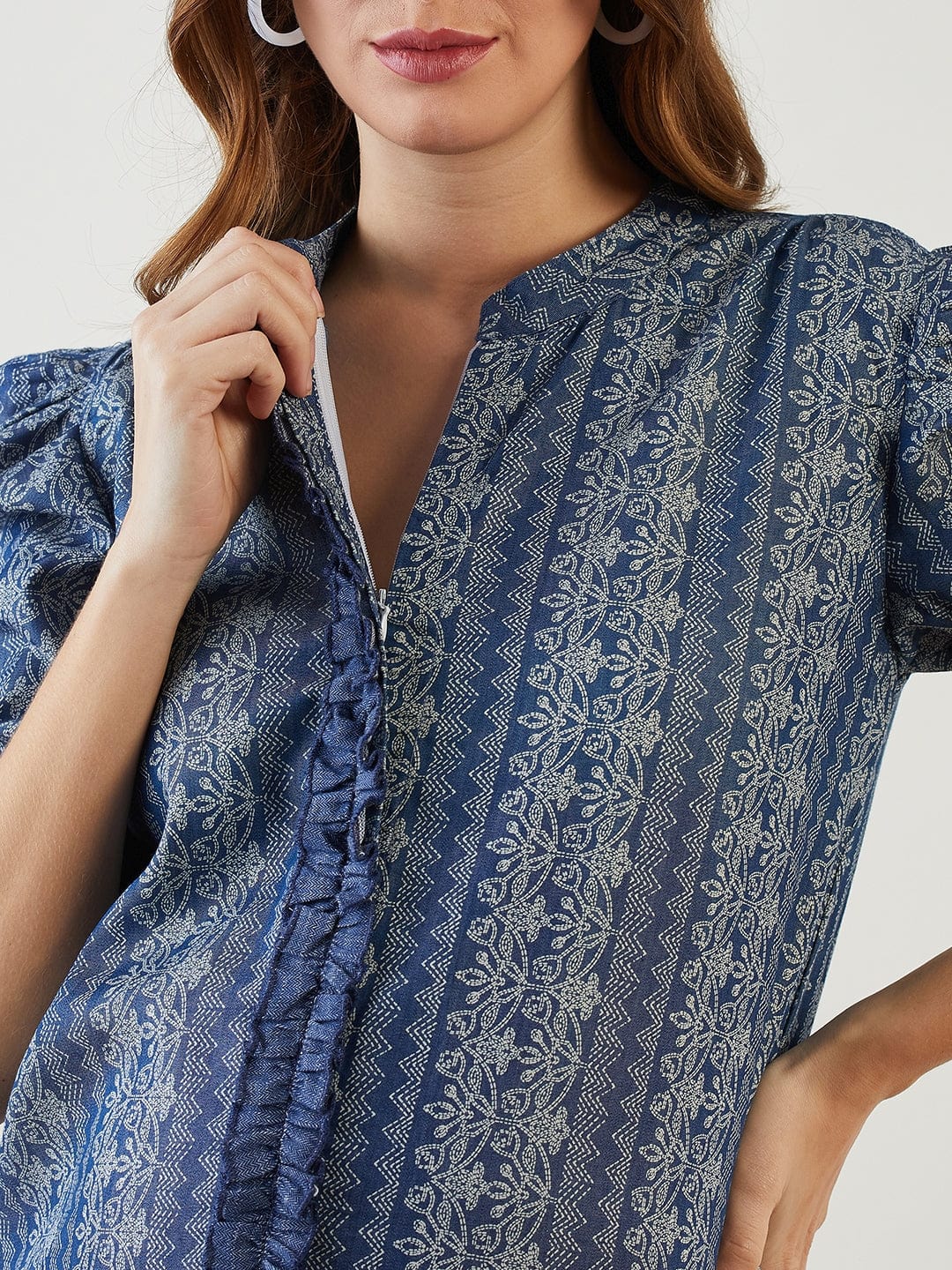 The Kaftan Company Dresses Blue Tribal Print Ruffled Nursing Dress