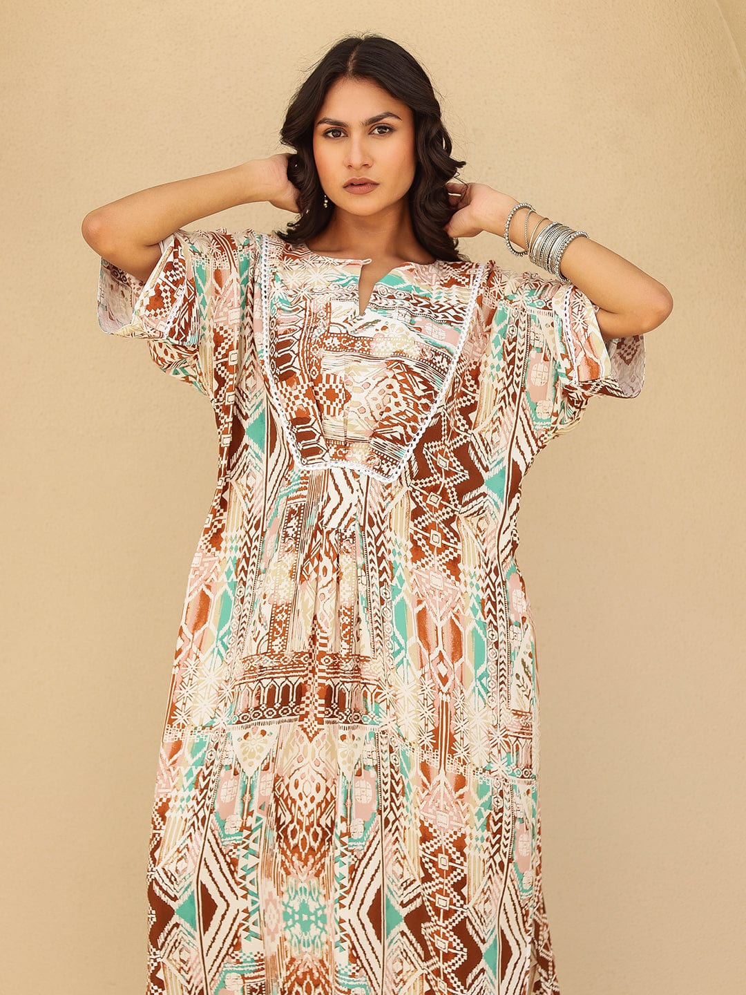 Brown and Beige Geometric Viscose Maxi Dress 3XL Brown and Beige Geometric Viscose Maxi Dress 3XL
