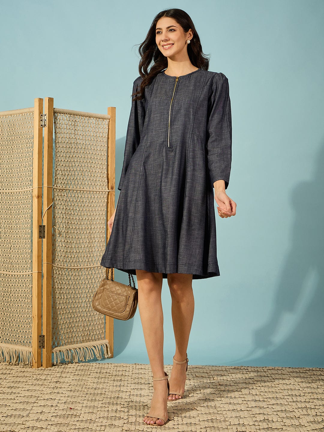 The Kaftan Company Dresses Dark Blue Fit and Flare Denim Dress