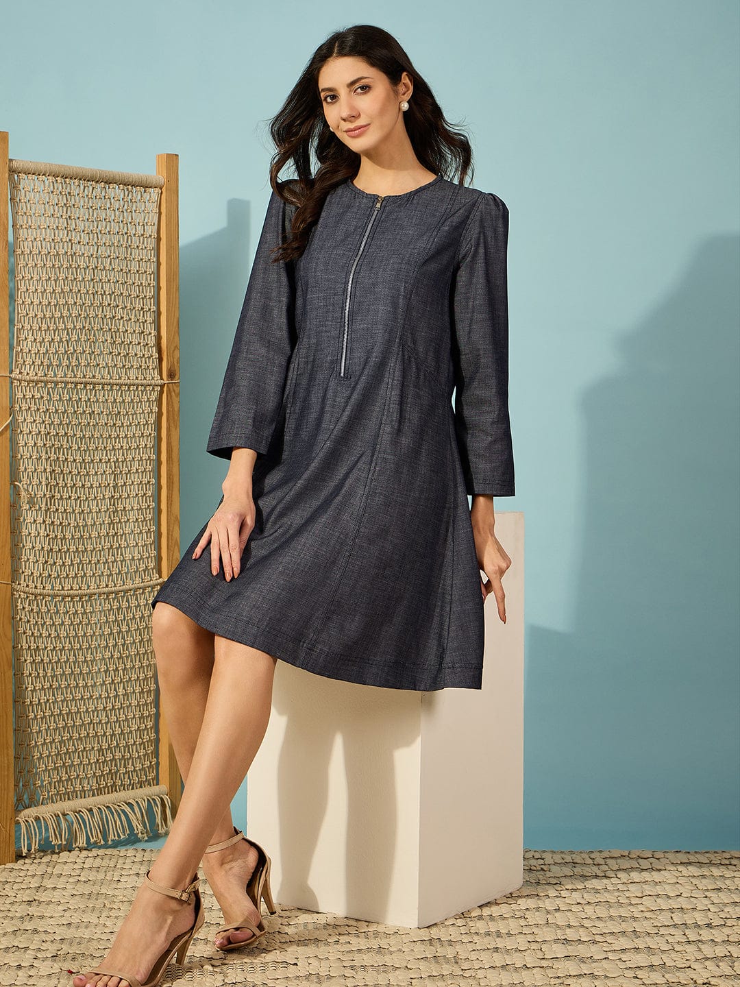 The Kaftan Company Dresses Dark Blue Fit and Flare Denim Dress