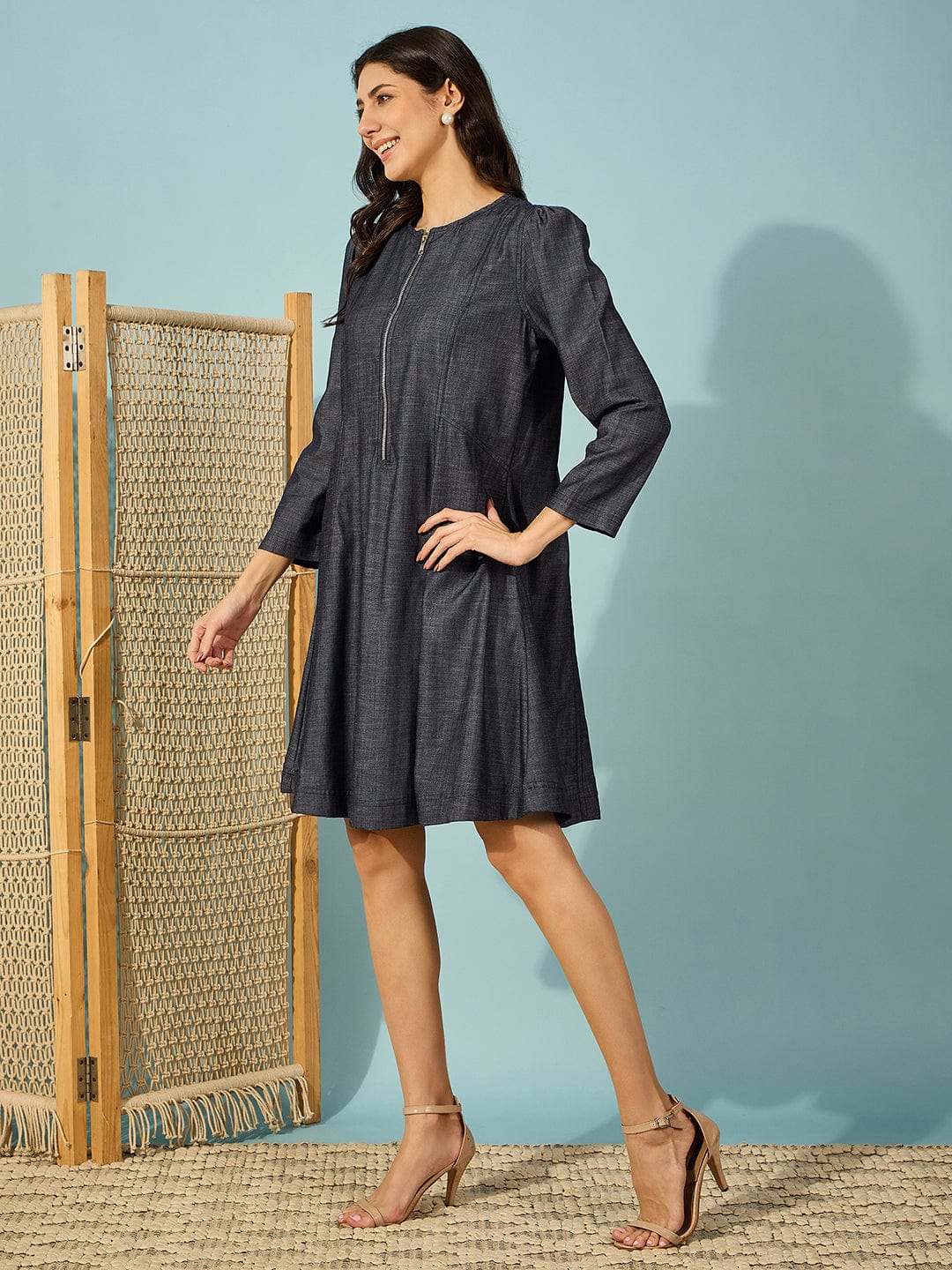 The Kaftan Company Dresses Dark Blue Fit and Flare Denim Dress