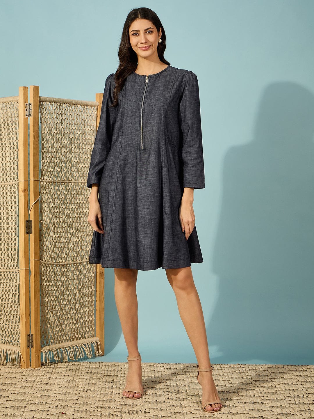 The Kaftan Company Dresses Dark Blue Fit and Flare Denim Dress