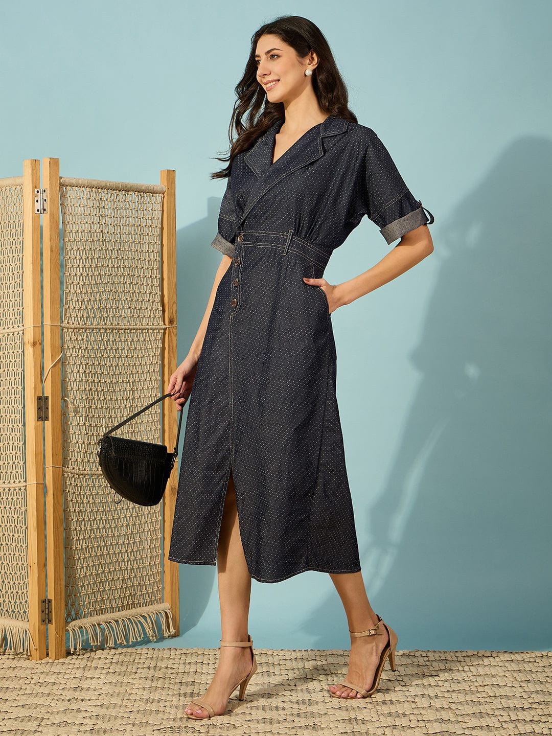The Kaftan Company Dresses Dark Blue Notch Collar Denim Midi Dress