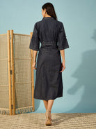 The Kaftan Company Dresses Dark Blue Notch Collar Denim Midi Dress