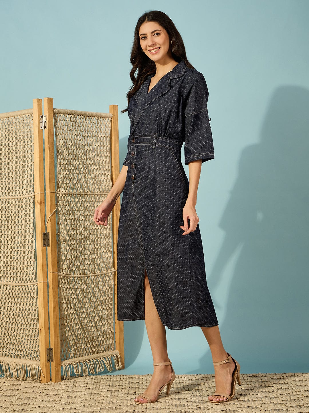 The Kaftan Company Dresses Dark Blue Notch Collar Denim Midi Dress