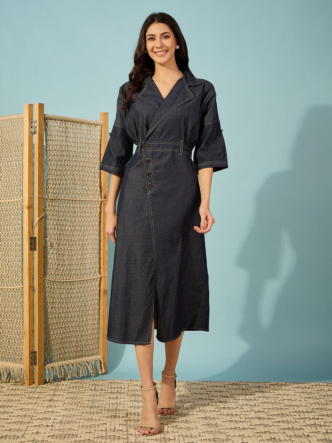 The Kaftan Company Dresses Dark Blue Notch Collar Denim Midi Dress