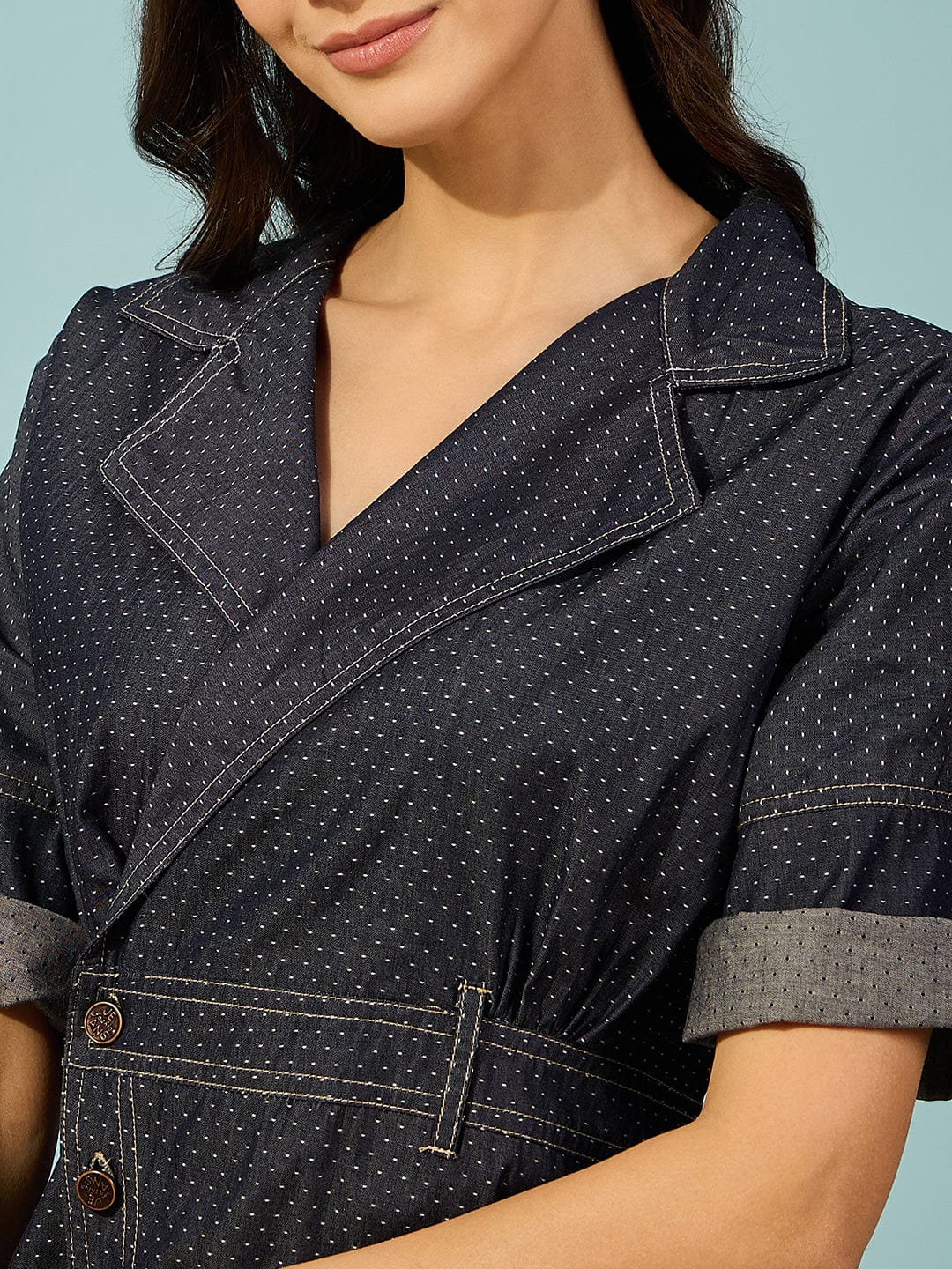 The Kaftan Company Dresses Dark Blue Notch Collar Denim Midi Dress