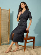 The Kaftan Company Dresses Dark Blue Notch Collar Denim Midi Dress