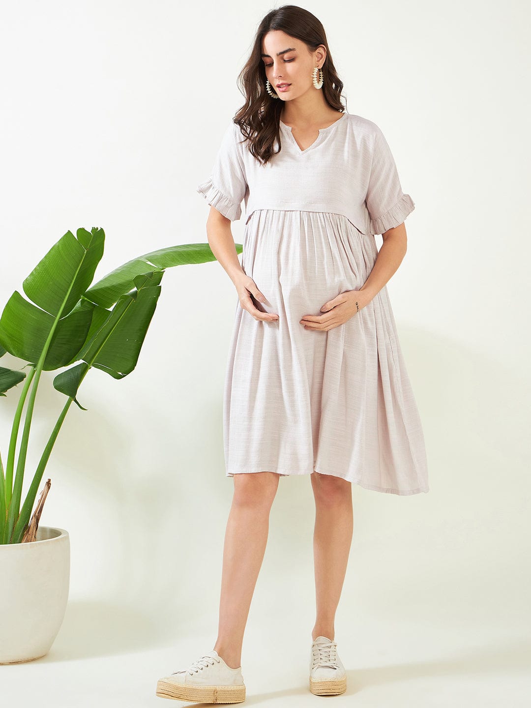 The Kaftan Company Dresses Earthy Grey Soft Cotton Maternity and Feeding Dress