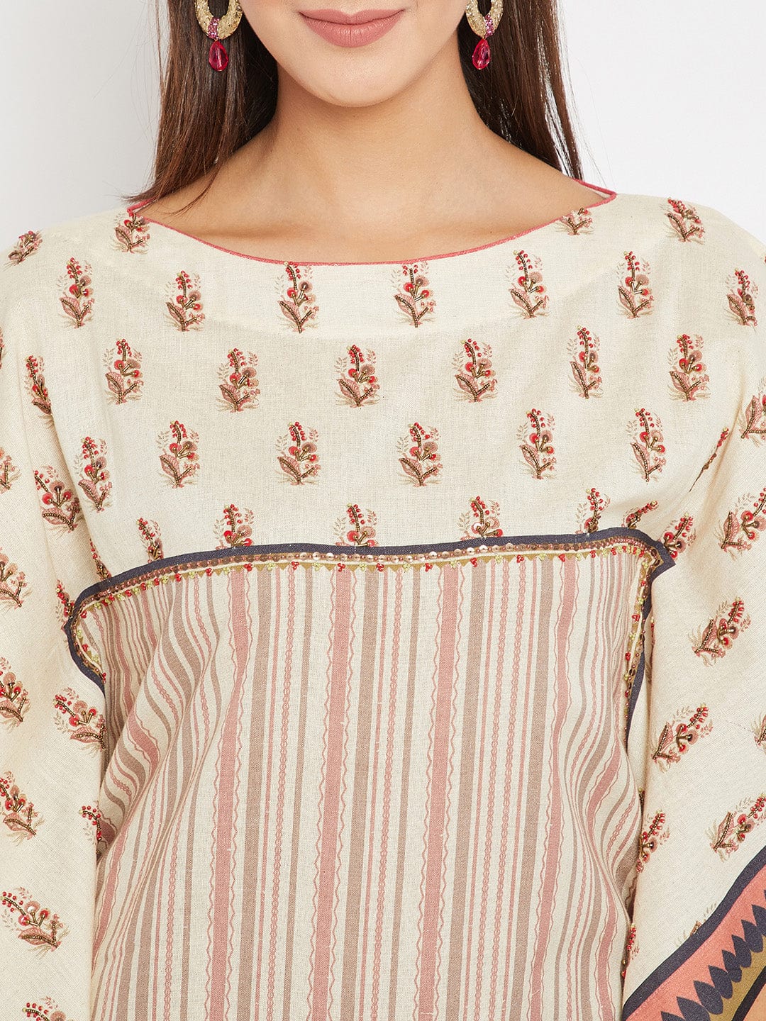 The Kaftan Company Dresses Embroidered Buta with Stripes Linen Kaftan Dress