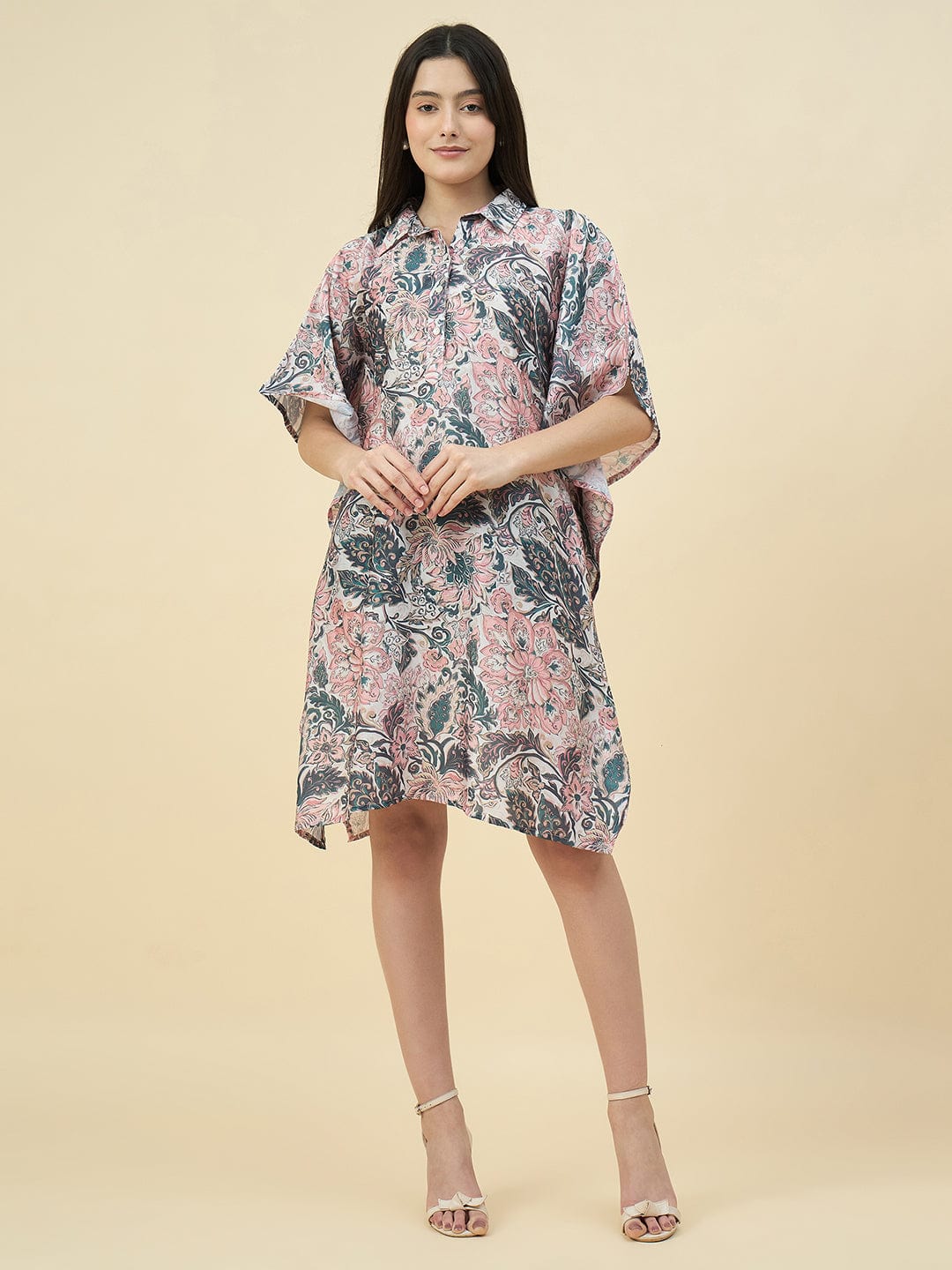 The Kaftan Company Dresses Floral Linen Satin Kaftan Dress