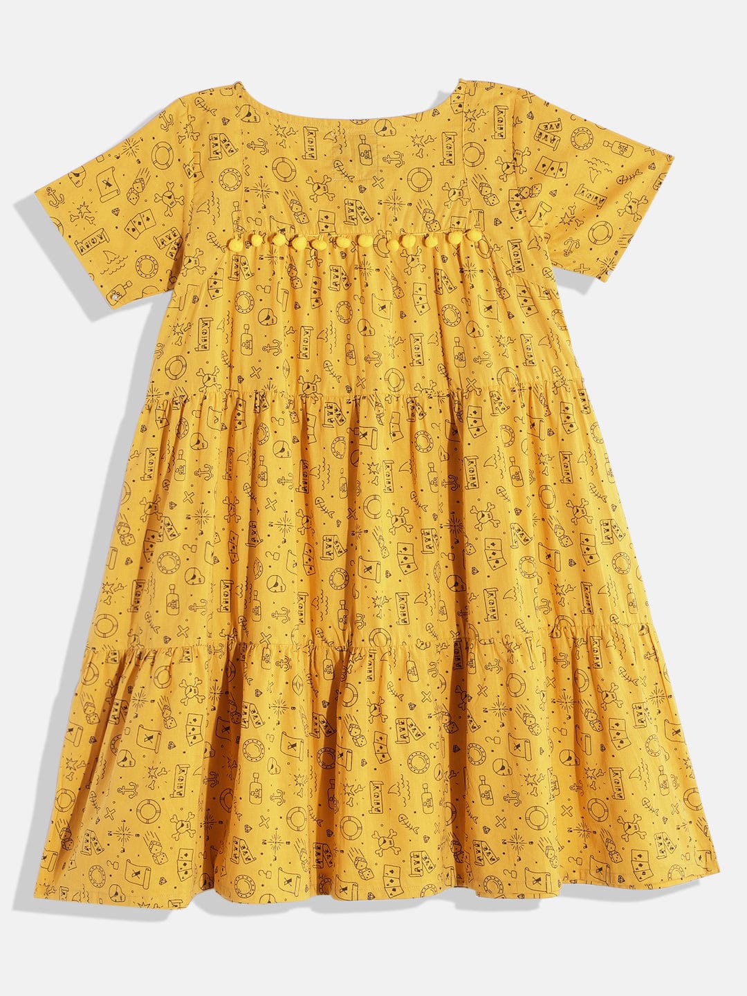 The Kaftan Company Dresses Girls Yellow  Doodle Pom Pom Cute Day Wear Western Dress