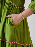 The Kaftan Company Dresses Green Solid Layered Velvet Pom Pom Highlighted Dress
