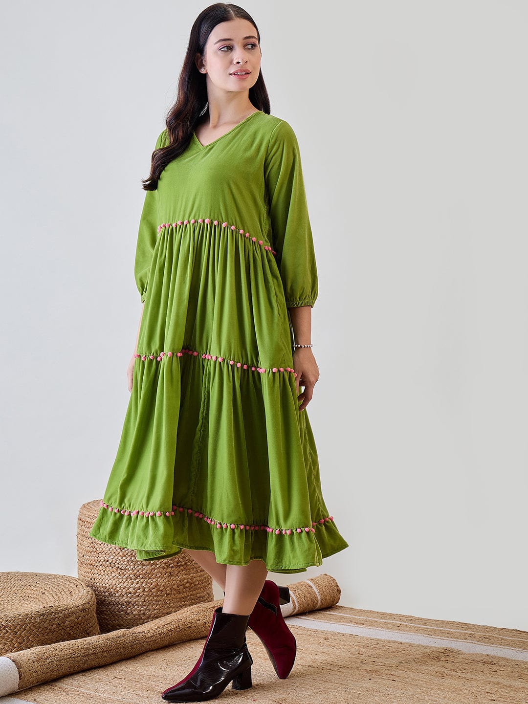 The Kaftan Company Dresses Green Solid Layered Velvet Pom Pom Highlighted Dress