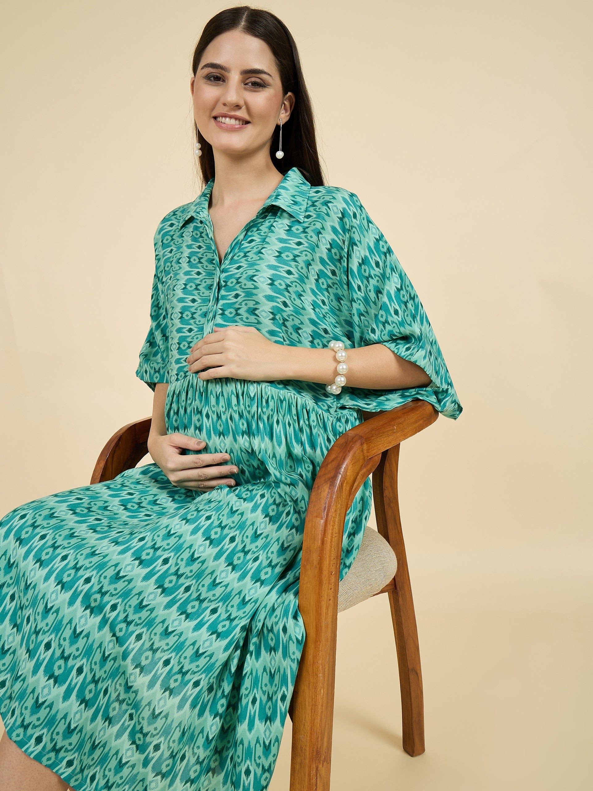 Buy Green Viscose Rayon Maternity Dress with Shirt Collar and Feeding Placket