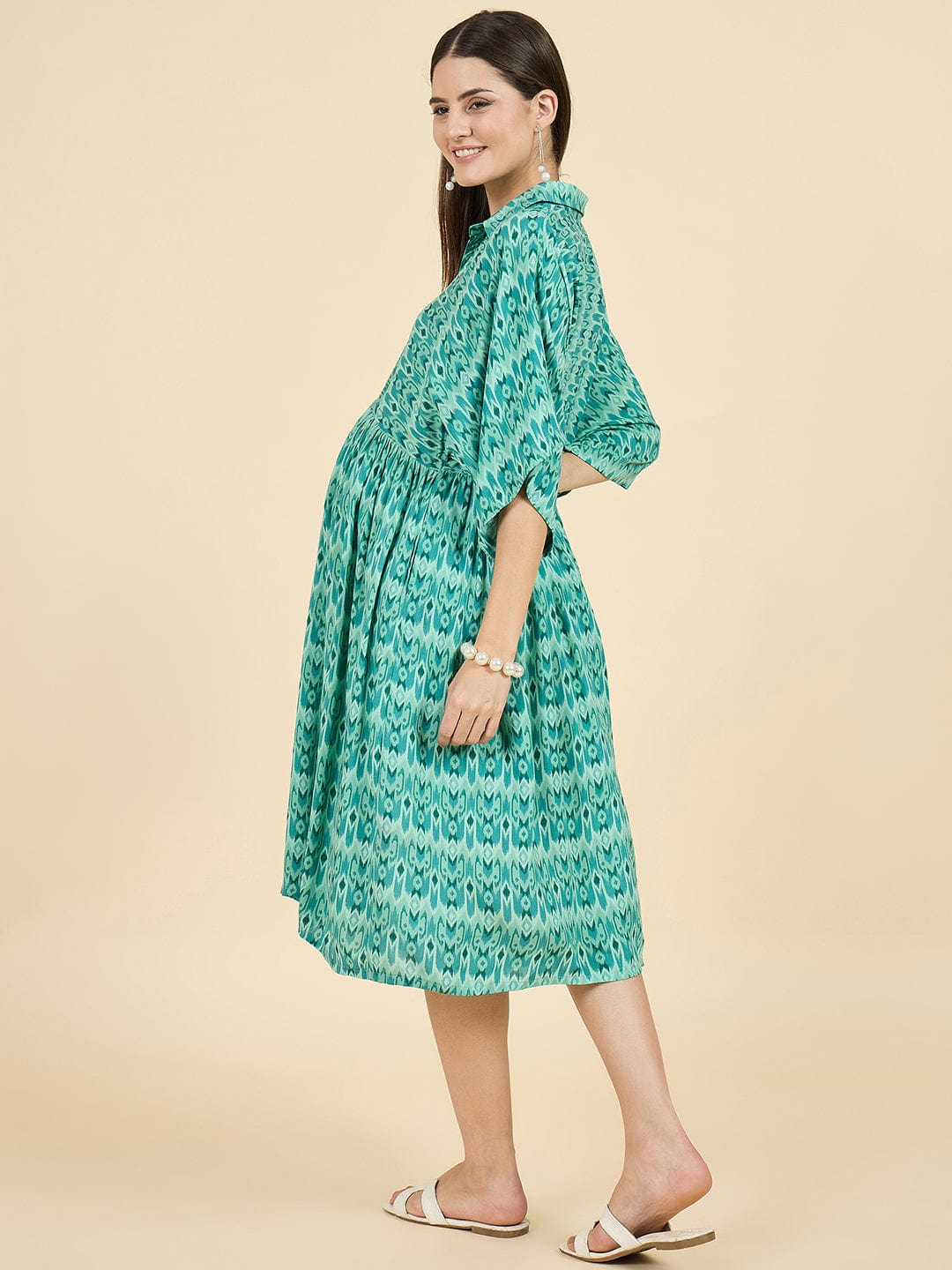 Buy Green Viscose Rayon Maternity Dress with Shirt Collar and Feeding Placket | The Kaftan Company S Buy Green Viscose Rayon Maternity Dress with Shirt Collar and Feeding Placket | The Kaftan Company S