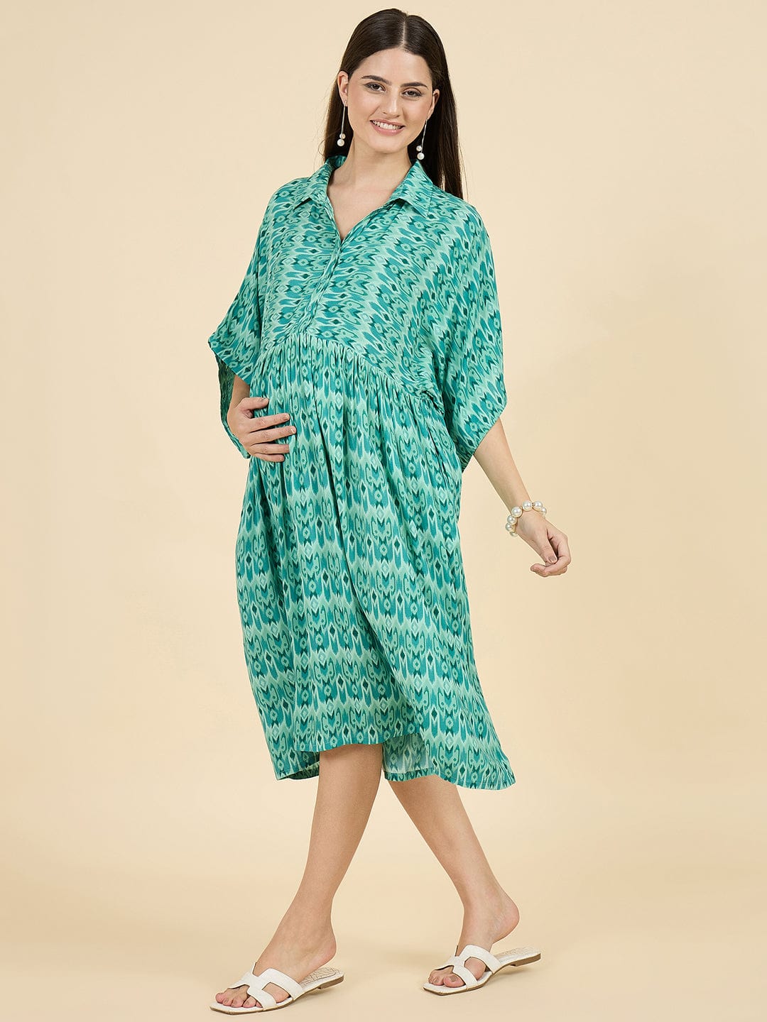 Buy Green Viscose Rayon Maternity Dress with Shirt Collar and Feeding  Placket | The Kaftan Company
