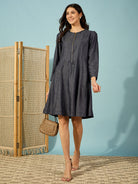 The Kaftan Company Dresses Grey Denim Dress with Front Zip Detail