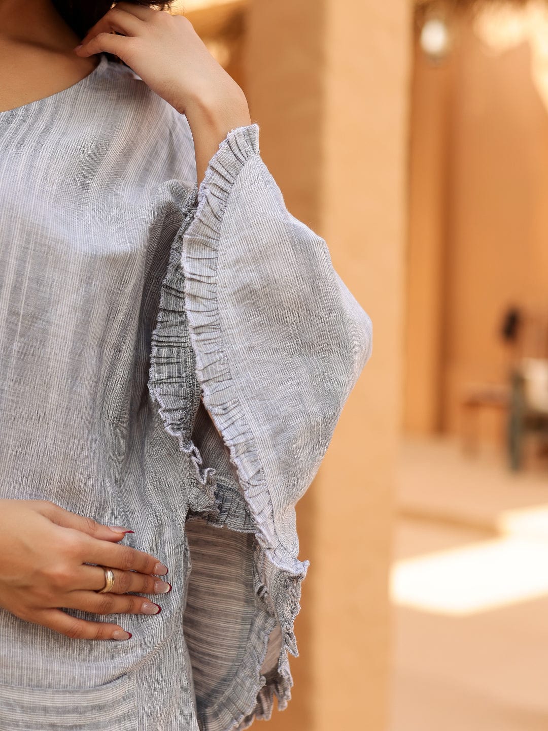 The Kaftan Company Dresses Grey Ikat Printed Cotton Dress With Pockets