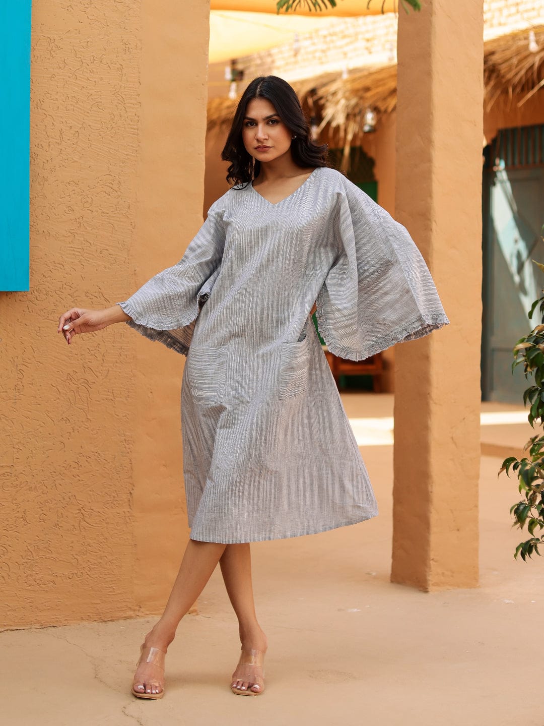 The Kaftan Company Dresses Grey Ikat Printed Cotton Dress With Pockets