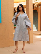 The Kaftan Company Dresses Grey Ikat Printed Cotton Dress With Pockets