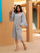 The Kaftan Company Dresses Grey Ikat Printed Cotton Dress With Pockets