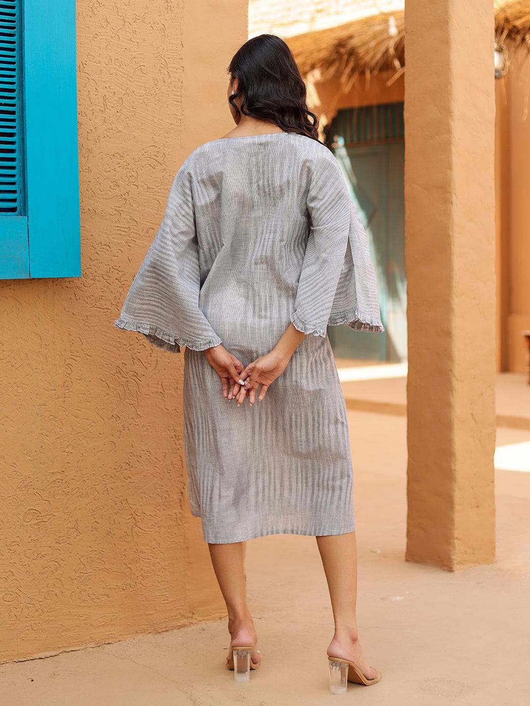 The Kaftan Company Dresses Grey Ikat Printed Cotton Dress With Pockets