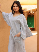 The Kaftan Company Dresses Grey Ikat Printed Cotton Dress With Pockets
